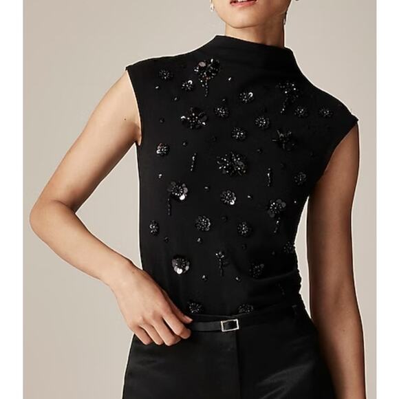 J. Crew Stretch Mockneck Top with Floral Embellishment Size XXS NWT - Picture 1 of 8